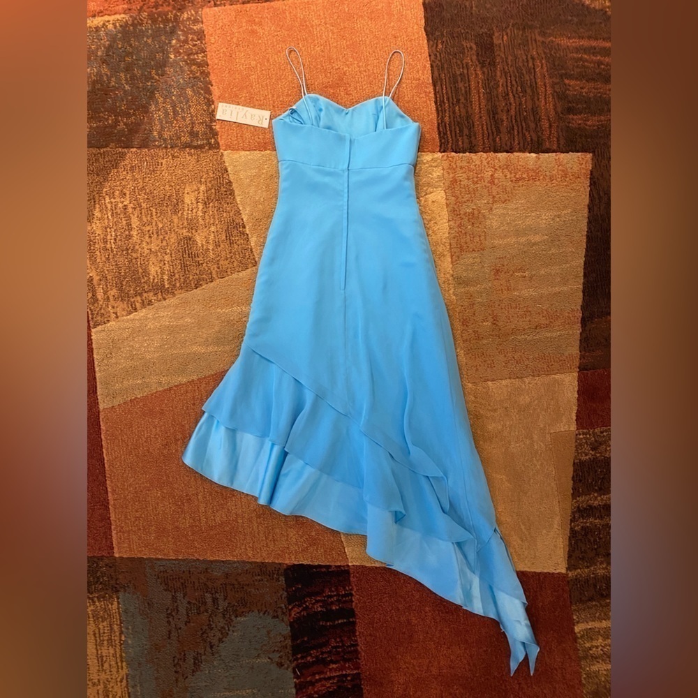NWT Turquoise Spaghetti Strap Fit & Flare Asymmetrical Layered Hem Formal Dress - Picture 11 of 12